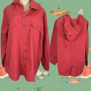 Roaman's +18W Red Strawberry Button 4 Pockets Cotton Long Sleeve Hoodie Shacket